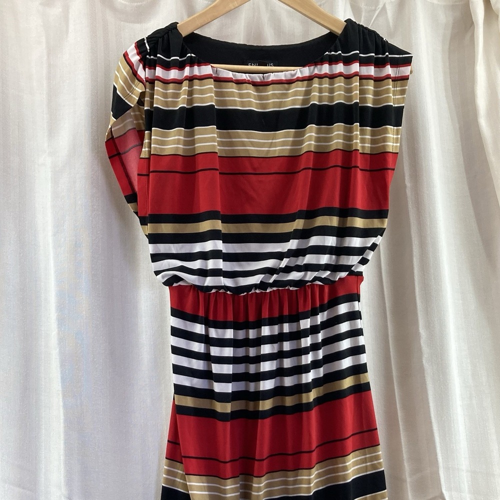 Enfocus Studio Dress Womens‎ 4 Tan Red Black Sleeveless Retro Striped